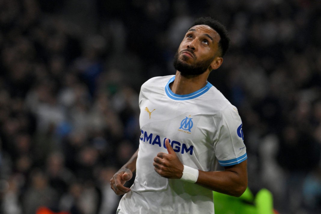 Marseille's French-Gabonese forward #10 Pierre-Emerick Aubameyang reacts during the UEFA Europa League Group B football match between Olympique de Marseille and Ajax Amsterdam at the Velodrome Stadium in Marseille, southeastern France, on November 30, 2023. (Photo by NICOLAS TUCAT/AFP via Getty Images)