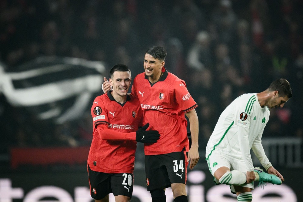 Rennes' Ibrahim Salah (R) celebrates with Enzo Le Fee after scoring a goal during the UEFA Europa League Group F football match between Stade Rennais (Rennes) and Panathinaikos FC, at The Roazhon Park stadium, in Rennes, western France, on November 9, 2023. (Photo by LOIC VENANCE/AFP via Getty Images)