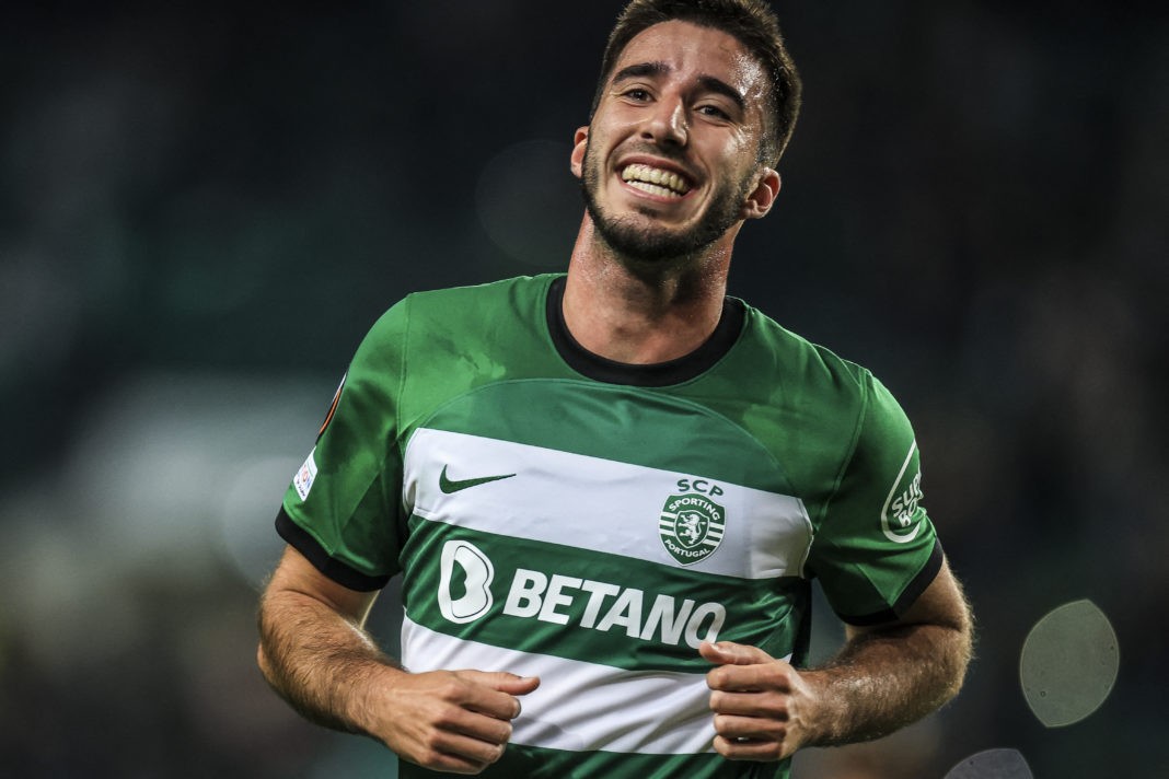 Sporting's Portuguese defender #25 Goncalo Inacio celebrates after scoring during the UEFA Europa League 1st round day 6 group D football match between Sporting Lisbon and Sturm Graz at the Jose Alvalade stadium in Lisbon on December 14, 2023. (Photo by PATRICIA DE MELO MOREIRA / AFP) (Photo by PATRICIA DE MELO MOREIRA/AFP via Getty Images)