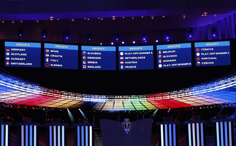 Groups are displayed on screens after the final draw for the UEFA Euro 2024 European Championship football competition in Hamburg, northern Germany on December 2, 2023. (Photo by ODD ANDERSEN/AFP via Getty Images)