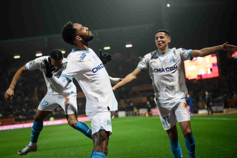 Marseille's French-Gabonese forward #10 Pierre-Emerick Aubameyang celebrates scoring his team's second goal during the French L1 football match between FC Lorient and Olympique Marseille (OM) at the Stade du Moustoir in Lorient, western France, on December 10, 2023. (Photo by LOIC VENANCE/AFP via Getty Images)
