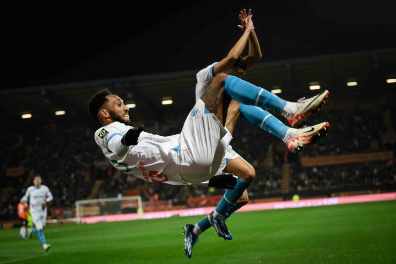 Marseille's French-Gabonese forward #10 Pierre-Emerick Aubameyang celebrates scoring his team's second goal during the French L1 football match between FC Lorient and Olympique Marseille (OM) at the Stade du Moustoir in Lorient, western France, on December 10, 2023. (Photo by LOIC VENANCE/AFP via Getty Images)