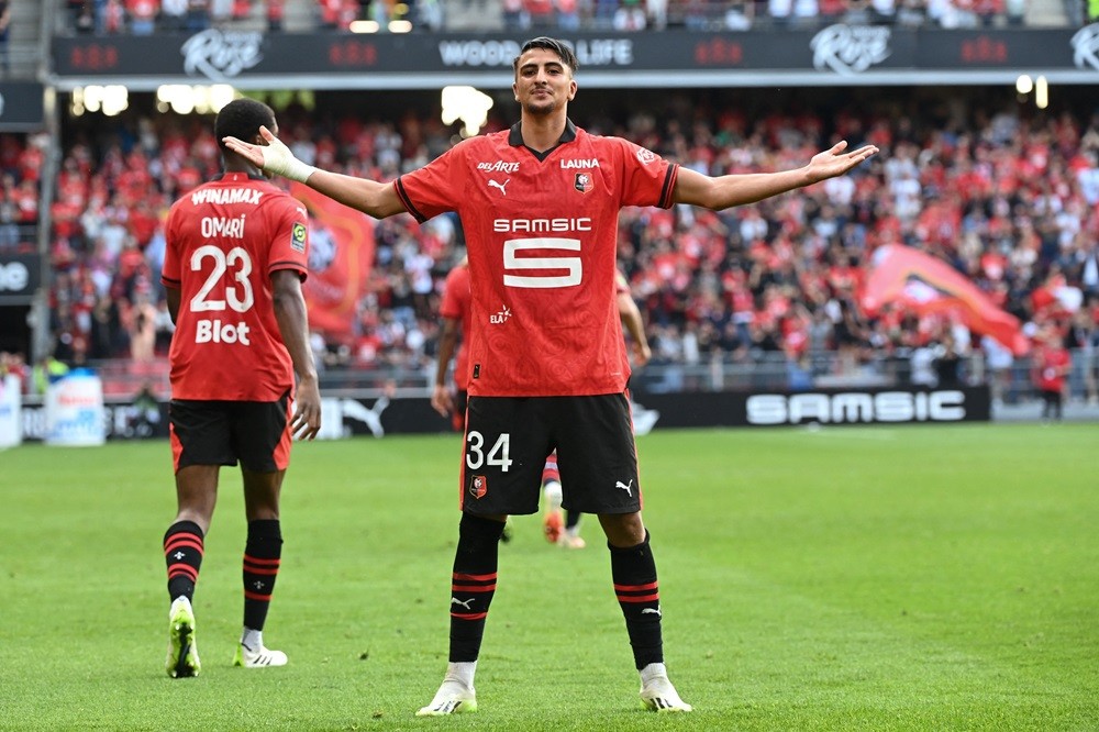 Rennes' Ibrahim Salah celebrates after scoring his team's second goal during the French L1 football match between Stade Rennais FC and Lille LOSC at The Roazhon Park Stadium in Rennes, western France on September 16, 2023. (Photo by SEBASTIEN SALOM-GOMIS/AFP via Getty Images)