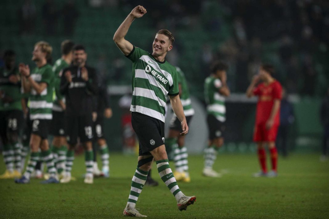 Sporting Lisbon's Swedish forward #09 Viktor Gyokeres celebrates at the end of the Portuguese League football match between Sporting CP and Gil Vicente FC at the Alvalade stadium in Lisbon on December 4, 2023. (Photo by CARLOS COSTA/AFP via Getty Images)