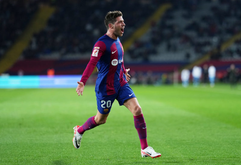 BARCELONA, SPAIN - DECEMBER 20: Sergi Roberto of FC Barcelona celebrates after scoring their team's second goal during the LaLiga EA Sports match between FC Barcelona and UD Almeria at Estadi Olimpic Lluis Companys on December 20, 2023 in Barcelona, Spain. (Photo by Alex Caparros/Getty Images)