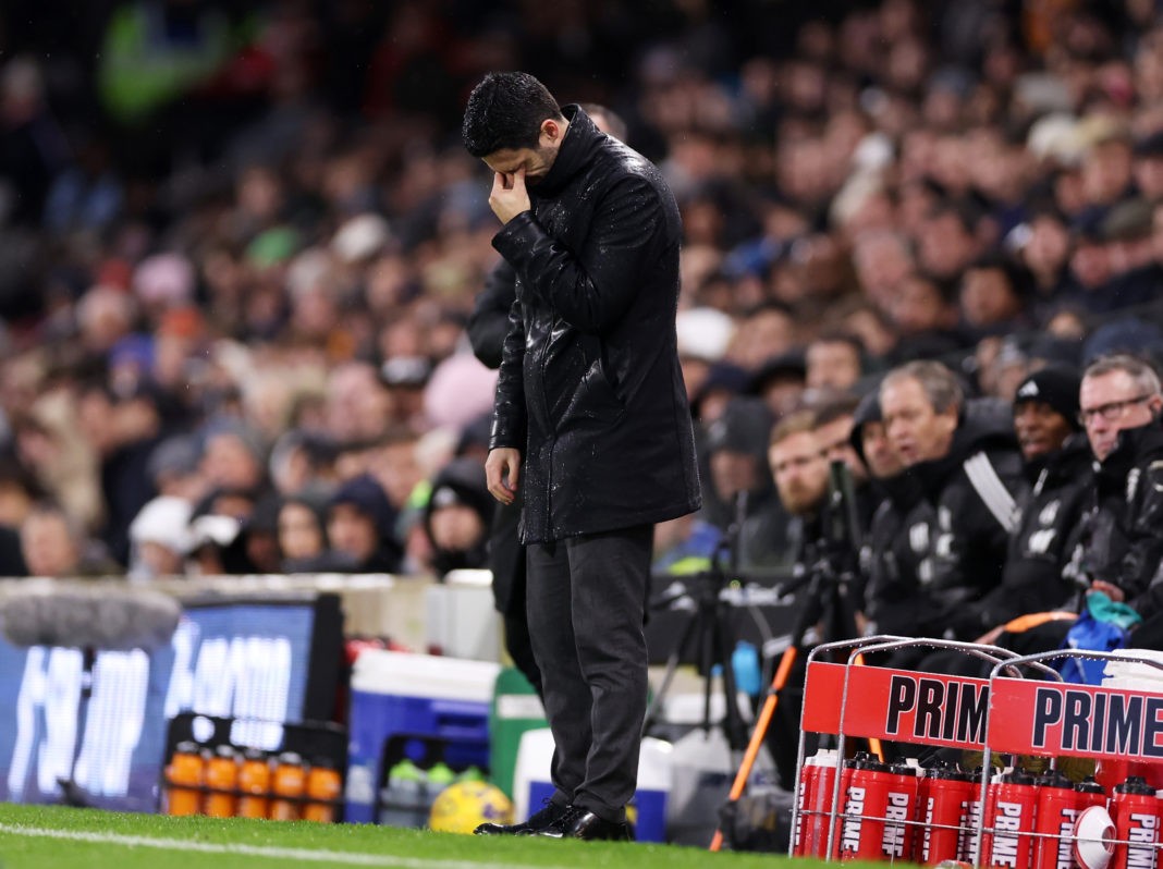 LONDON, ENGLAND - DECEMBER 31: Mikel Arteta, Manager of Arsenal, reacts during the Premier League match between Fulham FC and Arsenal FC at Craven Cottage on December 31, 2023 in London, England. (Photo by Alex Pantling/Getty Images)