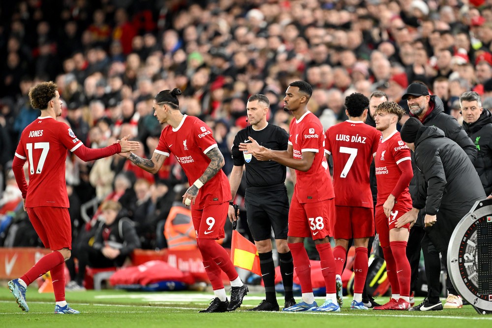 LIVERPOOL, ENGLAND: Darwin Nunez, Ryan Gravenberch and Harvey Elliott of Liverpool are substituted on for teammates Curtis Jones, Luis Diaz and Cody Gakpo (not pictured) of Liverpool during the Premier League match between Liverpool FC and Arsenal FC at Anfield on December 23, 2023. (Photo by Michael Regan/Getty Images)