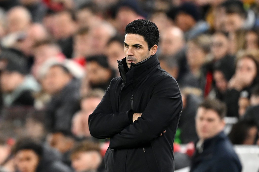 LIVERPOOL, ENGLAND - DECEMBER 23: Mikel Arteta, Manager of Arsenal, looks on during the Premier League match between Liverpool FC and Arsenal FC at Anfield on December 23, 2023 in Liverpool, England. (Photo by Michael Regan/Getty Images)