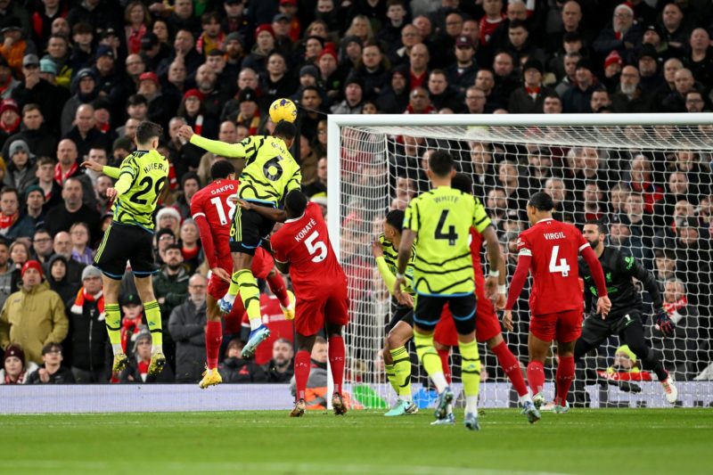 LIVERPOOL, ENGLAND - DECEMBER 23: Gabriel of Arsenal scores their team's first goal during the Premier League match between Liverpool FC and Arsenal FC at Anfield on December 23, 2023 in Liverpool, England. (Photo by Michael Regan/Getty Images)