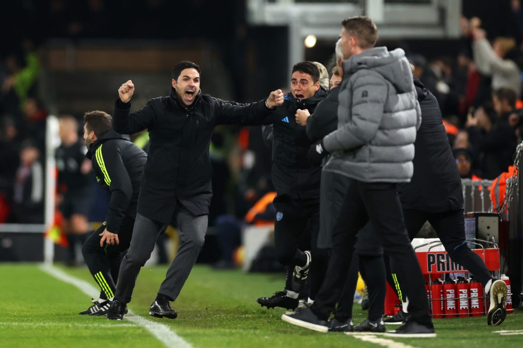 LUTON, ENGLAND - DECEMBER 05: Mikel Arteta, Manager of Arsenal, celebrates after Declan Rice of Arsenal (not pictured) scores the team's fourth goal during the Premier League match between Luton Town and Arsenal FC at Kenilworth Road on December 05, 2023 in Luton, England. (Photo by Catherine Ivill/Getty Images)