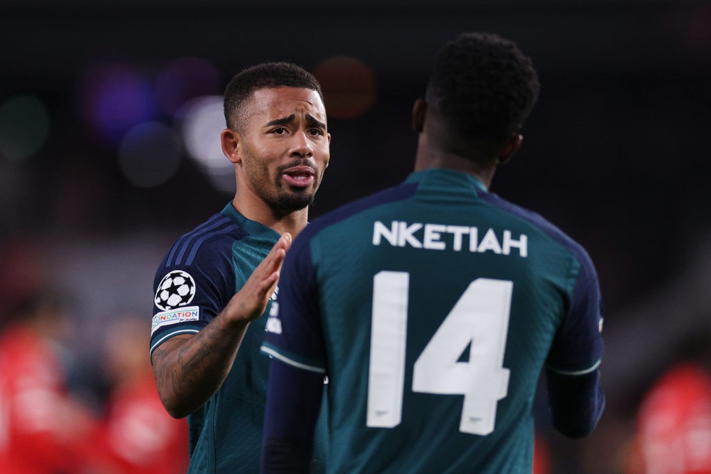 EINDHOVEN, NETHERLANDS - DECEMBER 12: Gabriel Jesus of Arsenal talks with Eddie Nketiah after the UEFA Champions League match between PSV Eindhoven and Arsenal FC at Philips Stadion on December 12, 2023 in Eindhoven, Netherlands. (Photo by Dean Mouhtaropoulos/Getty Images)