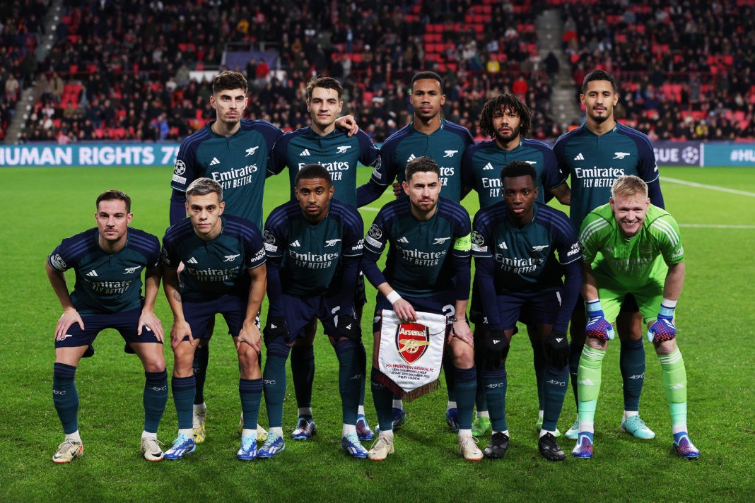 EINDHOVEN, NETHERLANDS: The Arsenal team line up for a photo prior to the UEFA Champions League match between PSV Eindhoven and Arsenal FC at Philips Stadion on December 12, 2023. (Photo by Dean Mouhtaropoulos/Getty Images)
