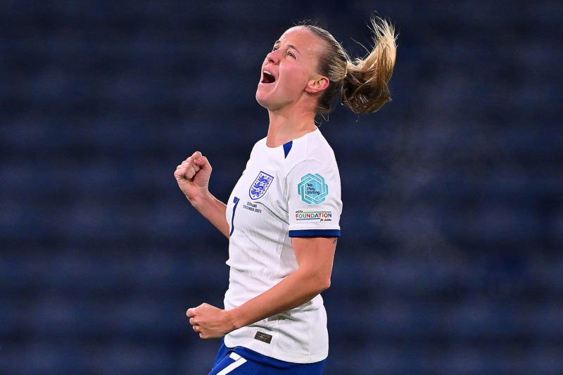 GLASGOW, SCOTLAND - DECEMBER 05: Beth Mead of England celebrates after scoring the team's fourth goal during the UEFA Womens Nations League match between Scotland and England at Hampden Park on December 05, 2023 in Glasgow, Scotland. (Photo by Stu Forster/Getty Images)
