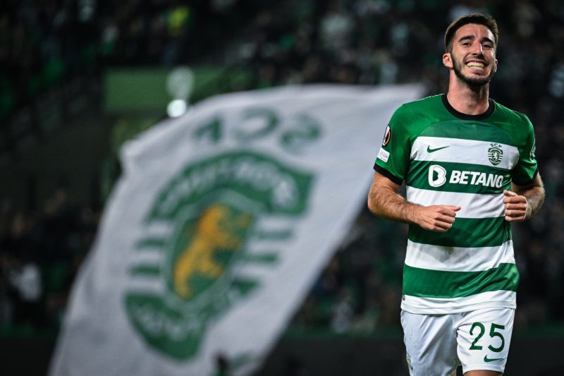 LISBON, PORTUGAL - DECEMBER 14: Goncalo Inacio of Sporting celebrates after scoring their team's third goal during the Group D - UEFA Europa League match between Sporting CP and SK Sturm Graz at Estadio Jose Alvalade on December 14, 2023 in Lisbon, Portugal. (Photo by Octavio Passos/Getty Images)