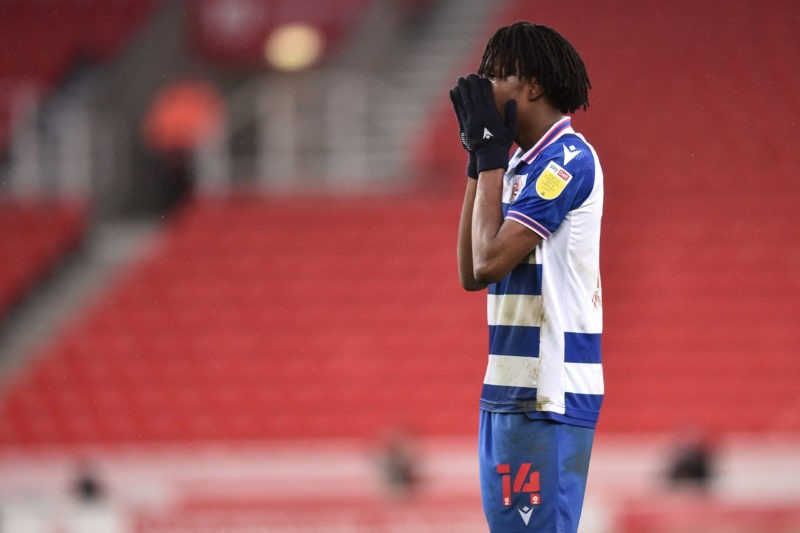 STOKE ON TRENT, ENGLAND - FEBRUARY 06: Ovie Ejaria of Reading reacts during the Sky Bet Championship match between Stoke City and Reading at Bet365 Stadium on February 06, 2021 in Stoke on Trent, England. Sporting stadiums around the UK remain under strict restrictions due to the Coronavirus Pandemic as Government social distancing laws prohibit fans inside venues resulting in games being played behind closed doors. (Photo by Nathan Stirk/Getty Images)