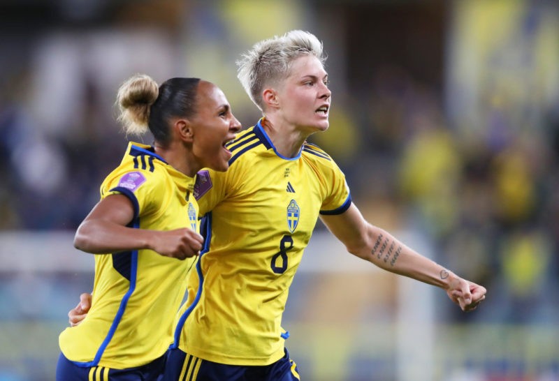 GOTHENBURG, SWEDEN - SEPTEMBER 22: Lina Hurtig of Sweden celebrates with team mate Madelen Janogy after scoring their sides second goal during the UEFA Women's Nations League match between Sweden and Spain at Gamla Ullevi on September 22, 2023 in Gothenburg, Sweden. (Photo by Linnea Rheborg/Getty Images)