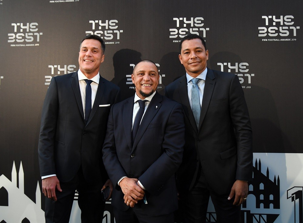 MILAN, ITALY: Julio Cesar, Roberto Carlos and Gilberto Silva attend The Best FIFA Football Awards 2019 at the Teatro Alla Scala on September 23, 2019. (Photo by Claudio Villa/Getty Images)