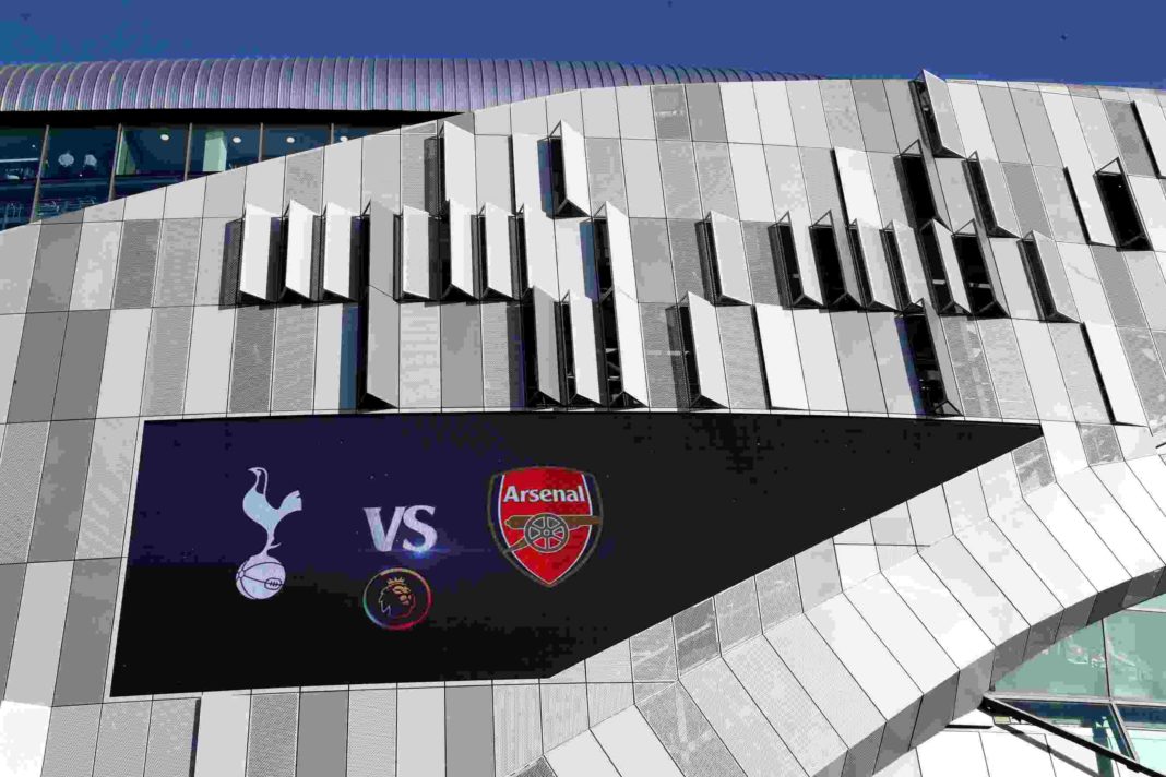 LONDON, ENGLAND - DECEMBER 06: A general view outside the stadium as a rainbow branded Premier League logo in support of the Stonewall Rainbow Laces campaign can be seen ahead of the Premier League match between Tottenham Hotspur and Arsenal at Tottenham Hotspur Stadium on December 06, 2020 in London, England. A limited number of fans (2000) are welcomed back to stadiums to watch elite football across England. This was following easing of restrictions on spectators in tiers one and two areas only. (Photo by Catherine Ivill/Getty Images)