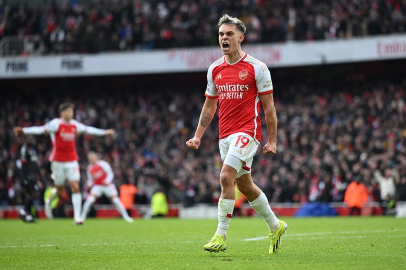 LONDON, ENGLAND - JANUARY 20: Leandro Trossard of Arsenal celebrates scoring his team's third goal during the Premier League match between Arsenal FC and Crystal Palace at Emirates Stadium on January 20, 2024 in London, England. (Photo by Shaun Botterill/Getty Images)