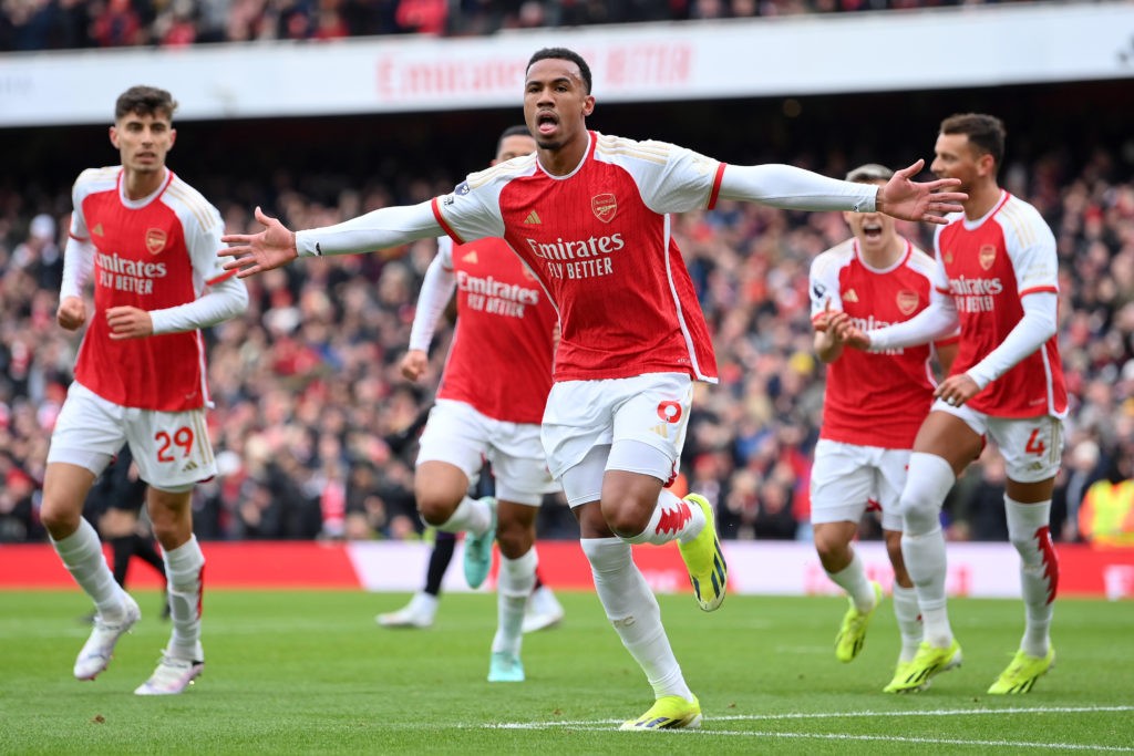 LONDON, ENGLAND - JANUARY 20: Gabriel of Arsenal celebrates scoring his team's first goal during the Premier League match between Arsenal FC and Crystal Palace at Emirates Stadium on January 20, 2024 in London, England. (Photo by Justin Setterfield/Getty Images)