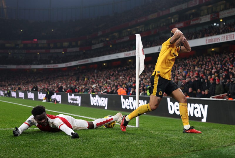 LONDON, ENGLAND - DECEMBER 02: Matheus Cunha of Wolverhampton Wanderers reacts after fouling Bukayo Saka of Arsenal during the Premier League match between Arsenal FC and Wolverhampton Wanderers at Emirates Stadium on December 02, 2023 in London, England. (Photo by Julian Finney/Getty Images)