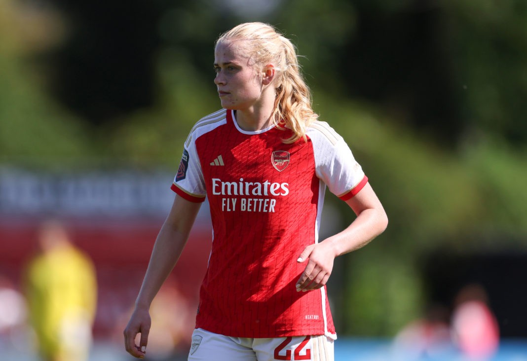 BOREHAMWOOD, ENGLAND - MAY 27: Kathrine Kuhl of Arsenal during the FA Women's Super League match between Arsenal and Aston Villa at Meadow Park on May 27, 2023 in Borehamwood, England. (Photo by Catherine Ivill/Getty Images)