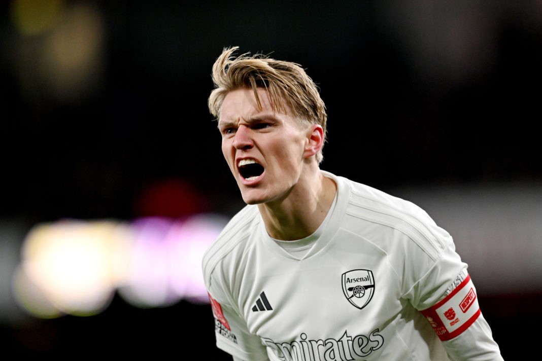 LONDON, ENGLAND - JANUARY 07: Martin Odegaard of Arsenal reacts during the Emirates FA Cup Third Round match between Arsenal and Liverpool at Emirates Stadium on January 07, 2024 in London, England. Arsenal wear an all-white kit at home, for the first time in the club's history, in support of the 'No More Red' campaign against knife crime and youth violence. (Photo by Shaun Botterill/Getty Images)