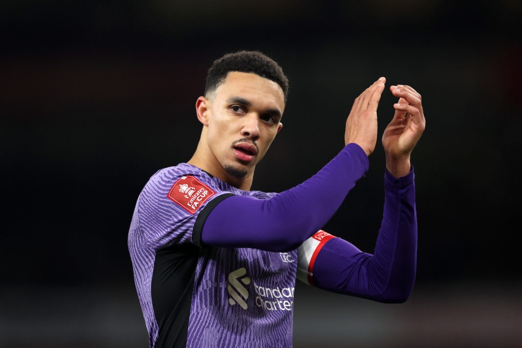 LONDON, ENGLAND - JANUARY 07: Trent Alexander-Arnold of Liverpool reacts during the Emirates FA Cup Third Round match between Arsenal and Liverpool at Emirates Stadium on January 07, 2024 in London, England. Arsenal wear an all-white kit at home, for the first time in the club's history, in support of the 'No More Red' campaign against knife crime and youth violence. (Photo by Julian Finney/Getty Images)