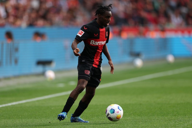 LEVERKUSEN, GERMANY - OCTOBER 08: Jeremie Frimpong of Bayer 04 Leverkusen in action during the Bundesliga match between Bayer 04 Leverkusen and 1. FC Köln at BayArena on October 08, 2023 in Leverkusen, Germany. (Photo by Dean Mouhtaropoulos/Getty Images)