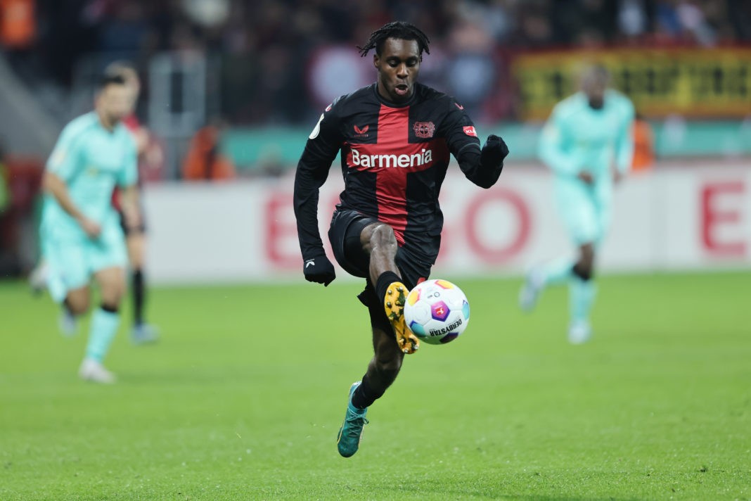LEVERKUSEN, GERMANY - DECEMBER 06: Jeremie Frimpong of Leverkusen runs with the ball during the DFB cup round of 16 match between Bayer 04 Leverkusen and SC Paderborn 07 at BayArena on December 06, 2023 in Leverkusen, Germany. (Photo by Christof Koepsel/Getty Images)