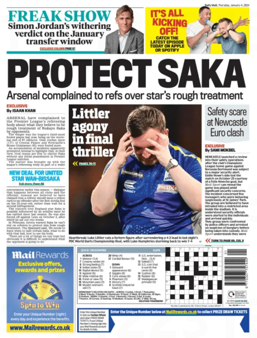 PROTECT SAKA Arsenal complained to refs over star’s rough treatment Daily Mail4 Jan 2024By ISAAN KHAN ARSENAL have complained to the Premier League’s refereeing body about what they believe to be rough treatment of Bukayo Saka by opponents. The winger was the league’s third-most fouled player last year, being on the receiving end of 87 offences. Only Jordan Ayew (117) of Crystal Palace and Newcastle’s Bruno Guimaraes (92) were fouled more. An accumulation of incidents apparently prompted Arsenal to highlight that, in their view, rival teams are free to clatter Saka without any initial punishment in Premier League matches. The matter was brought up with the league’s refereeing body as part of a wider conversation earlier this season — dialogue that happens between all clubs and the officials. Arsenal are believed to have claimed that a referee should issue a yellow card to an offender after the first strong foul on the 22-year- old, rather than wait for a second infringement. The concern over England star Saka is possibly influenced by an achilles issue he has carried since last season. He was also forced off against Lens on October 3, after which he sat out two weeks. In February, Arteta warned Saka he can’t rely on referees to protect him from rough treatment. The Spaniard said: ‘He needs to learn when to take certain balls, what to do with that ball, how to use his body. ‘There are a lot of things we can train but obviously it is difficult to understand what the opponent is going to do.’ Article Name:PROTECT SAKA Publication:Daily Mail Author:By ISAAN KHAN Start Page:72 End Page:72