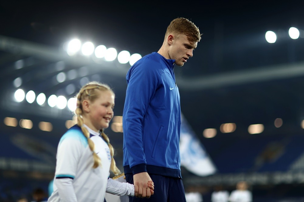LIVERPOOL, ENGLAND: Jarrad Branthwaite of England enters the pitch prior to the UEFA U21 Euro 2025 Qualifier match between England and Northern Ireland at Goodison Park on November 21, 2023. (Photo by Naomi Baker/Getty Images)