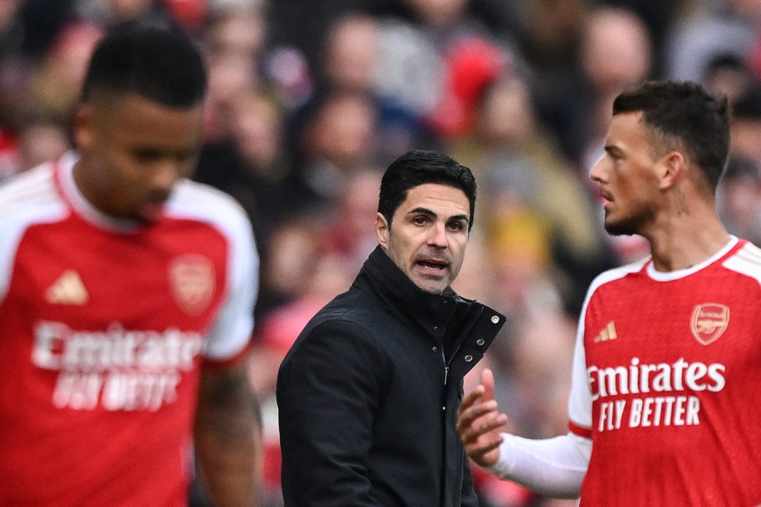 Arsenal's Spanish manager Mikel Arteta (C) reacts during the English Premier League football match between Arsenal and Crystal Palace at the Emirates Stadium in London on January 20, 2024. (Photo by BEN STANSALL/AFP via Getty Images)