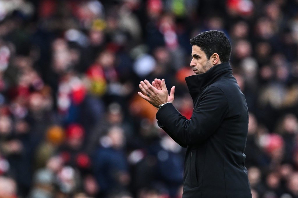Arsenal's Spanish manager Mikel Arteta applauds at the end of the English Premier League football match between Arsenal and Crystal Palace at the Emirates Stadium in London on January 20, 2024. Arsenal wins 5 - 0 against Crystal Palace. (Photo by BEN STANSALL/AFP via Getty Images)