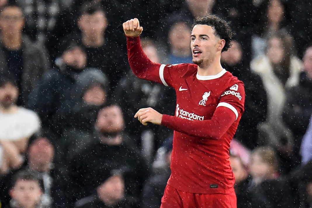 Liverpool's English midfielder #17 Curtis Jones celebrates after scoring their second goal during the English Premier League football match between Liverpool and Newcastle United at Anfield in Liverpool, north west England on January 1, 2024.(Photo by PETER POWELL/AFP via Getty Images)