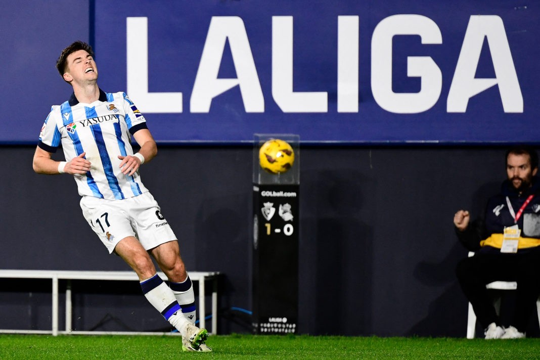 Real Sociedad's Scottish defender #17 Kieran Tierney reacts during the Spanish league football match between CA Osasuna and Real Sociedad at El Sadar stadium in Pamplona on December 2, 2023. (Photo by ANDER GILLENEA/AFP via Getty Images)