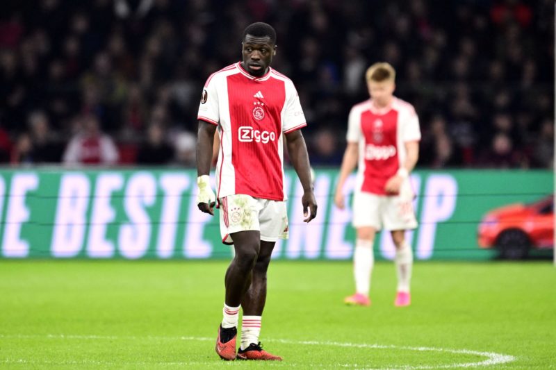 Ajax's Dutch forward #09 Brian Brobbey reacts on the pitch during the UEFA Europa League Group B football match between Ajax Amsterdam and Brighton & Hove Albion FC at the Johan Cruyff Arena in Amsterdam, on November 9, 2023. (Photo by OLAF KRAAK/ANP/AFP via Getty Images)