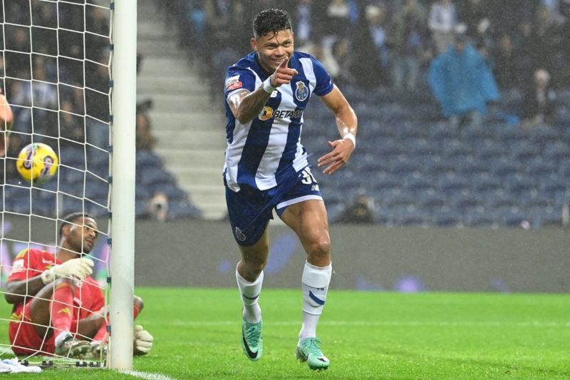FC Porto's Brazilian forward #30 Evanilson Barbosa celebrates after scoring his team's first goal during the Portuguese league football match between FC Porto and Casa Pia AC at the Dragao stadium in Porto on December 9, 2023. (Photo by MIGUEL RIOPA/AFP via Getty Images)
