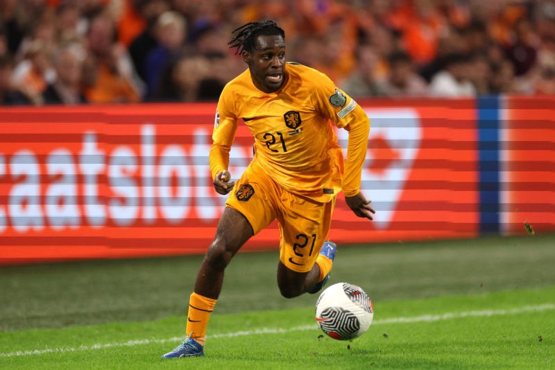 AMSTERDAM, NETHERLANDS - OCTOBER 13: Jeremie Frimpong of Netherlands in action during the UEFA EURO 2024 European qualifier match between Netherlands and France at Johan Cruijff Arena on October 13, 2023 in Amsterdam, Netherlands. (Photo by Dean Mouhtaropoulos/Getty Images)