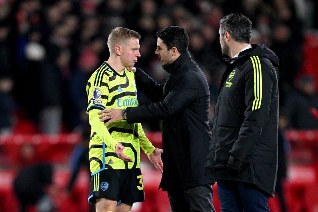 NOTTINGHAM, ENGLAND - JANUARY 30: Oleksandr Zinchenko of Arsenal and Mikel Arteta, Manager of Arsenal, interact after the team's victory in the Premier League match between Nottingham Forest and Arsenal FC at City Ground on January 30, 2024 in Nottingham, England. (Photo by Michael Regan/Getty Images)