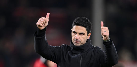 NOTTINGHAM, ENGLAND - JANUARY 30: Mikel Arteta, Manager of Arsenal, acknowledges the fans after the team's victory in the Premier League match between Nottingham Forest and Arsenal FC at City Ground on January 30, 2024 in Nottingham, England. (Photo by Michael Regan/Getty Images)