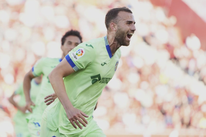 MALLORCA, SPAIN - APRIL 23: Borja Mayoral of Getafe CF celebrates scoring his team´s first goal during the LaLiga Santander match between RCD Mallorca and Getafe CF at Visit Mallorca Estadi on April 23, 2023 in Mallorca, Spain. (Photo by Rafa Babot/Getty Images)