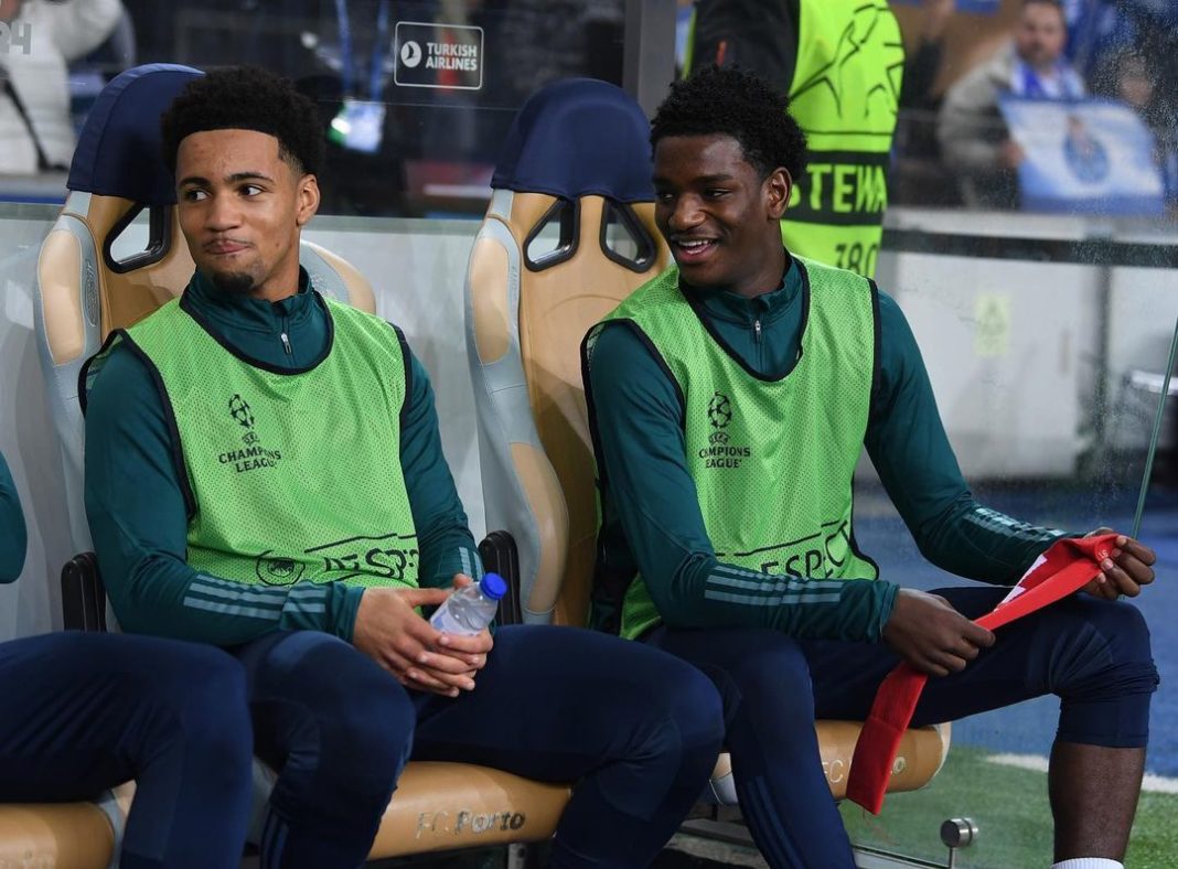Ayden Heaven (R) and Ethan Nwaneri on the bench for a Champions League game (Photo via Heaven on Instagram)