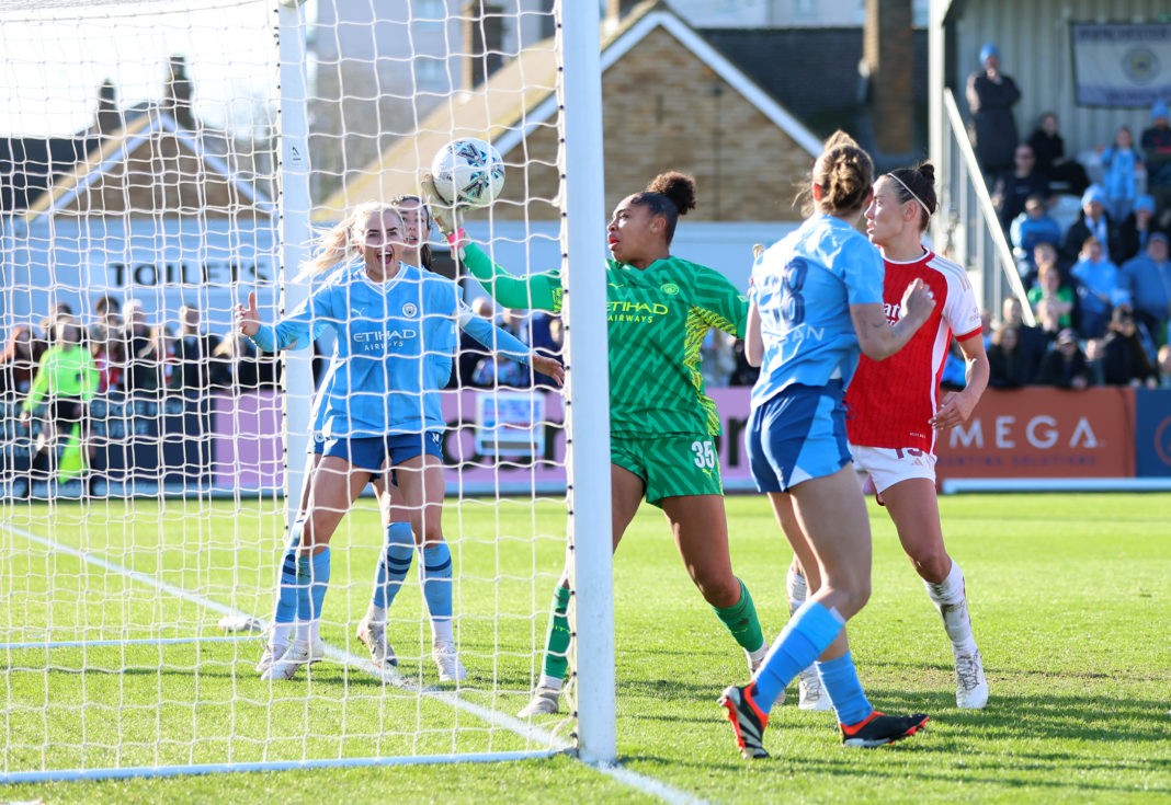 BOREHAMWOOD, ENGLAND - FEBRUARY 11: Khiara Keating of Manchester City makes a save on the line during the Adobe Women's FA Cup Fifth Round match between Arsenal and Manchester City at Meadow Park on February 11, 2024 in Borehamwood, England. (Photo by Richard Pelham/Getty Images)