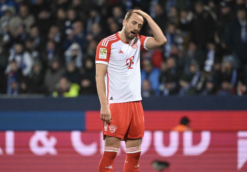 Bayern Munich's English forward #09 Harry Kane reacts during the German first division Bundesliga football match between VfL Bochum and FC Bayern Munich in Bochum, western Germany on February 18, 2024. (Photo by INA FASSBENDER/AFP via Getty Images)