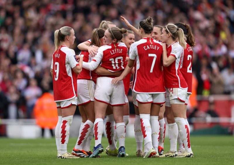 LONDON, ENGLAND - FEBRUARY 17: Kim Little of Arsenal celebrates scoring her team's third goal with teammates during the Barclays Women's Super League match between Arsenal FC and Manchester United at Emirates Stadium on February 17, 2024 in London, England. (Photo by Paul Harding/Getty Images)