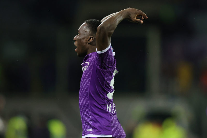 FLORENCE, ITALY - FEBRUARY 26: Michael Kayode of ACF Fiorentina celebrates after scoring a goal during the Serie A TIM match between ACF Fiorentina and SS Lazio at Stadio Artemio Franchi on February 26, 2024 in Florence, Italy. (Photo by Gabriele Maltinti/Getty Images)