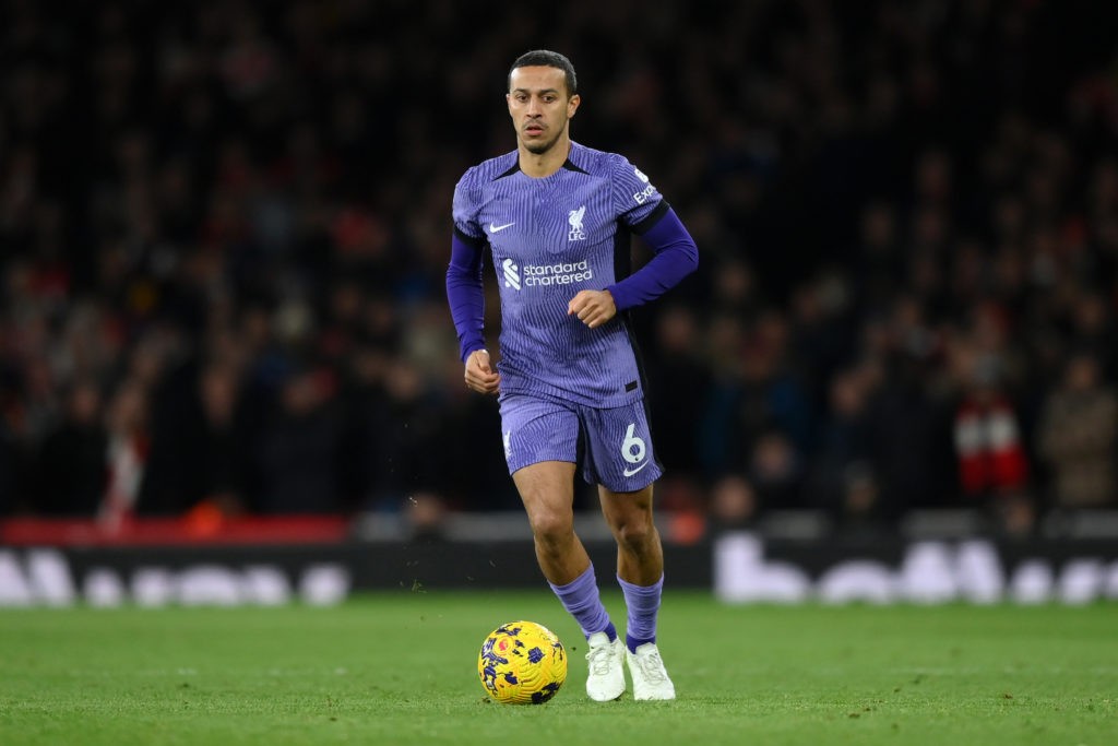 LONDON, ENGLAND: Thiago Alcantara of Liverpool during the Premier League match between Arsenal FC and Liverpool FC at Emirates Stadium on February 04, 2024. (Photo by Justin Setterfield/Getty Images)