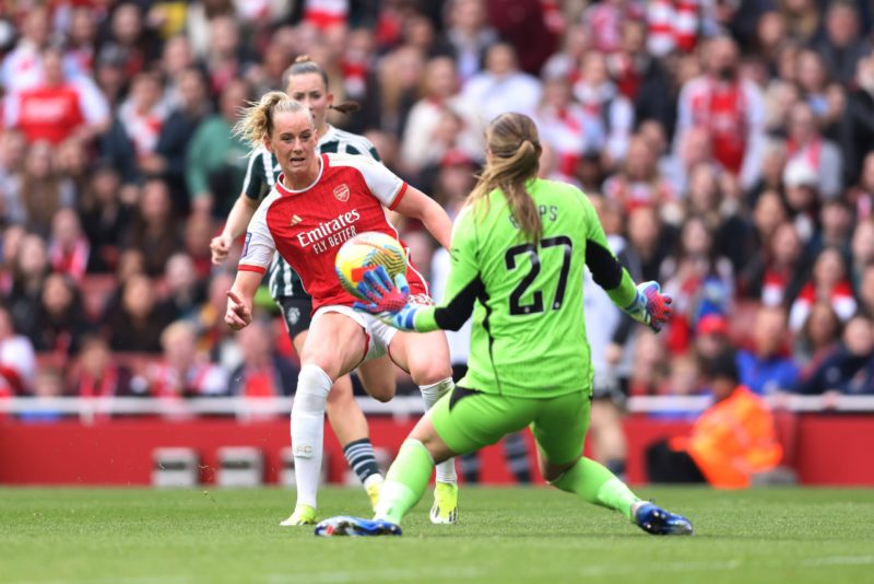 LONDON, ENGLAND - FEBRUARY 17: Stina Blackstenius of Arsenal shoots which is saved by Mary Earps of Manchester United during the Barclays Women's Super League match between Arsenal FC and Manchester United at Emirates Stadium on February 17, 2024 in London, England. (Photo by Paul Harding/Getty Images)