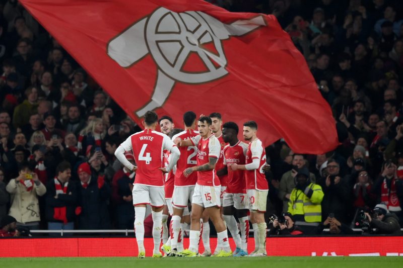 LONDON, ENGLAND - FEBRUARY 24: Bukayo Saka of Arsenal celebrates scoring his team's third goal with teammates during the Premier League match between Arsenal FC and Newcastle United at Emirates Stadium on February 24, 2024 in London, England. (Photo by Justin Setterfield/Getty Images)